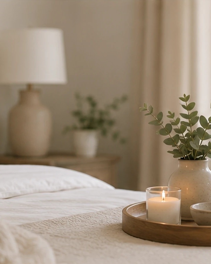 A freshly made bed in morning light, with a tray, candle and eucalyptus in a vase