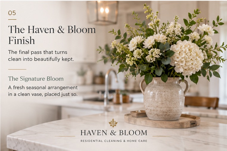 The Haven & Bloom Finish &mdash; a fresh seasonal arrangement placed on a kitchen island