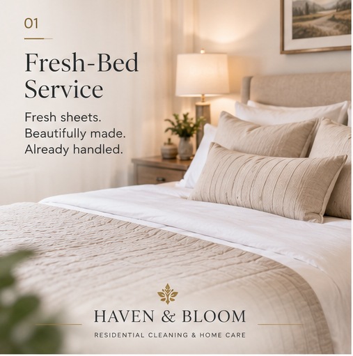Fresh-Bed Service &mdash; a made bed with layered linens and pillows