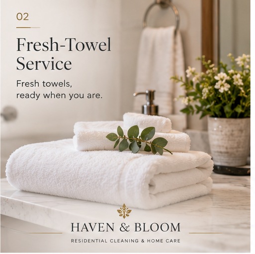 Fresh-Towel Service &mdash; folded white towels with a sprig of greenery on a marble counter