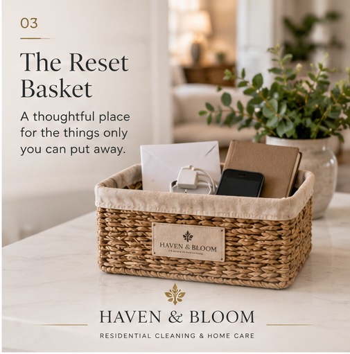 The Reset Basket &mdash; a woven Haven & Bloom basket holding mail, a charger and a phone
